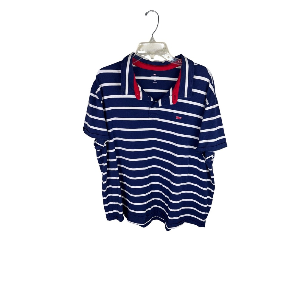 Vineyard Vines Mens XXL Polo Shirt Navy Blue White Striped Short Sleeve Whale